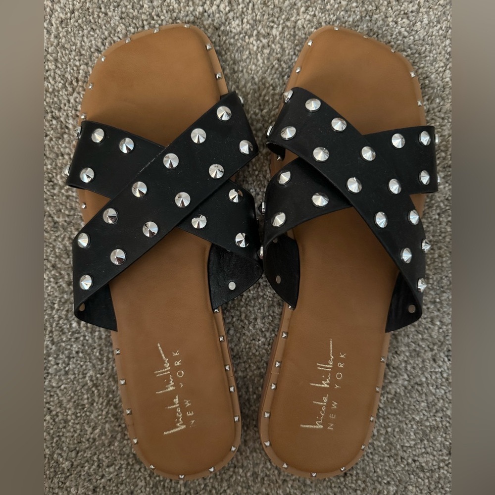 Brand New Never Worn Nicole Miller Studded Black Sandals Size 8